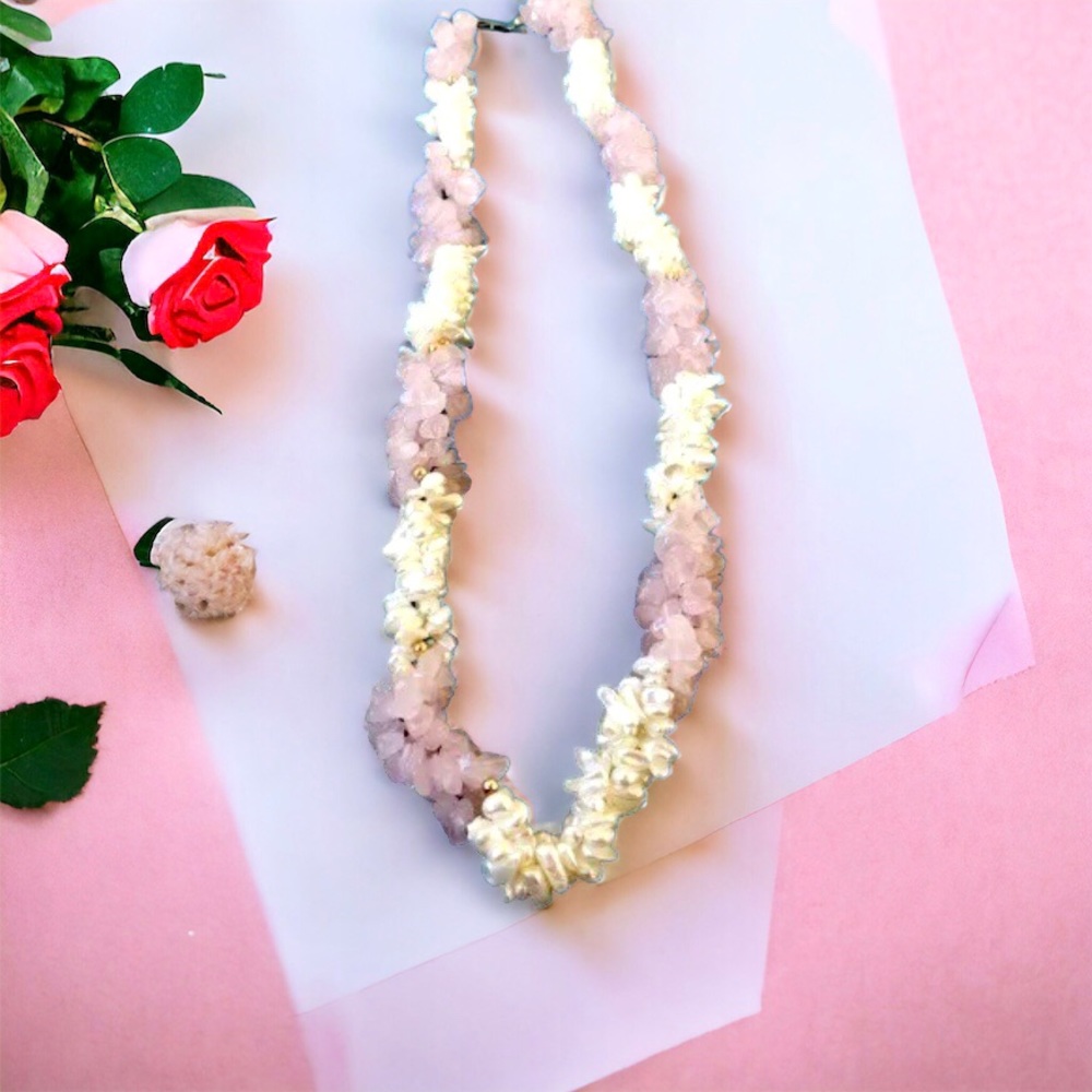 Vintage Necklace Freshwater Pearl + Rose Quartz Triple Multi-Strand Twis… - Picture 6 of 15